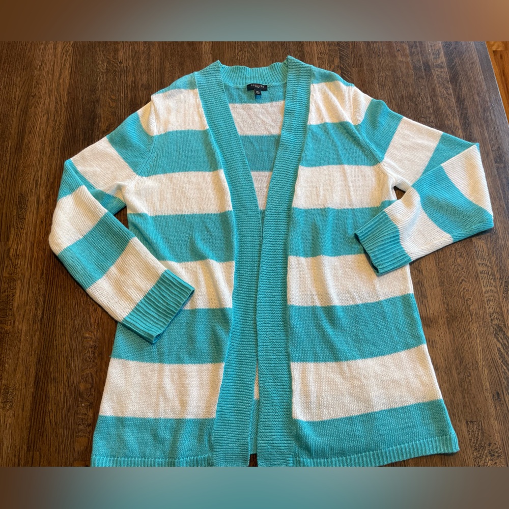 Talbots Linen Open Front Stripe Cardigan Teal/White Classic- MP (medium petite)